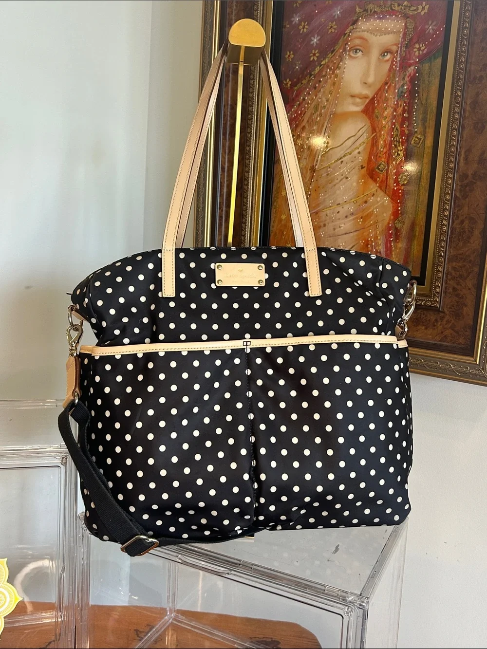 kate spade Black Polka Dot Nylon Tote with Beige Leather Trim 15”x 4.5”x 12” EUC